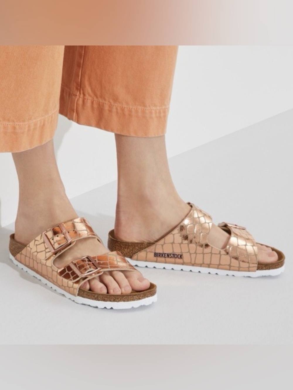 Birkenstock Arizona Copper Gator Gleam Two Strap Mule Slide Sandals Size 37 NWT